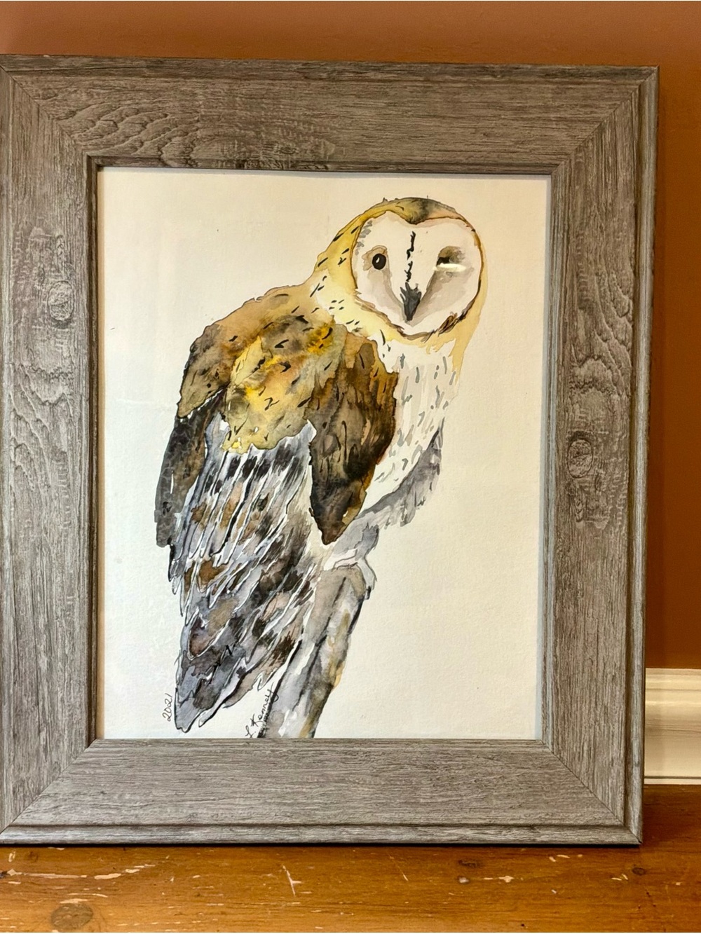 Barn Owl On Branch-Original Watercolor Framed Glass 11” x 13” By  L Kenney 2021